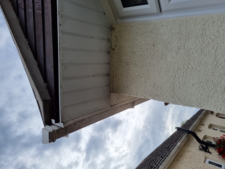 Grubby, stained soffit and fascia before cleaning